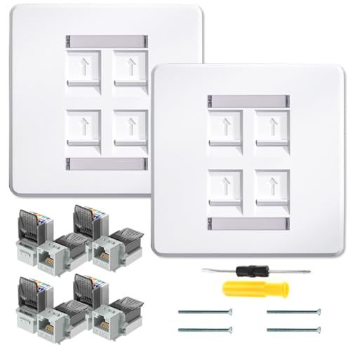 Acmerota Prise Réseau CAT6 4 Ports Prise Murale Encastrée Plaque Frontale RJ45 Câble Réseau 86 mm Blanc