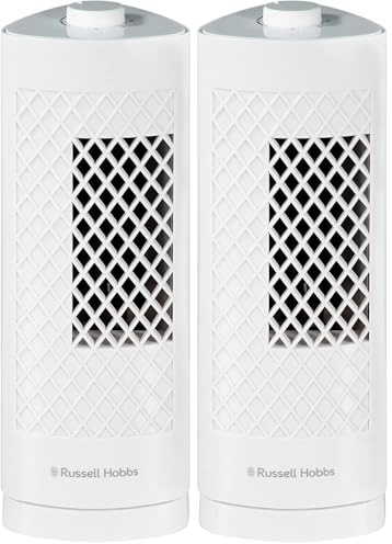 Russell Hobbs RHTF1321 Mini-Turmventilator, leicht, 33 cm, tragbar, 3 Geschwindigkeiten, 75° Schwenkwinkel, kräftiger Luftstrom, leise im Betrieb, weiß (Packung mit 2)
