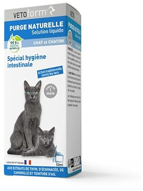 VETOFORM - Purge Naturelle Liquide pour Chat & Chaton - 50ml | Hygiène Intestinale & Digestive - Extraits d’Ail, Thym et Échinacée - 99,5% Naturel - Dès 1 Mois - Laboratoire Français