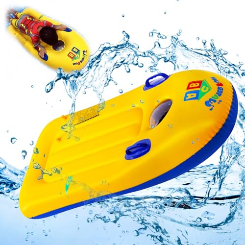 Schwimmbrett Bodyboard Aufblasbar, dellyy 110 x 48cm Surfbrett Bodyboard mit Griffen, Schwimmhilfe Aufblasbar Kinder, Aufblasbares Bodyboards für Strand, Wasserrutschbahn, Pool (Gelb)