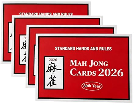 Offizielle 2026 Mahjong-Regelkarten, 4er-Set, Großdruck, Spielanleitung, tragbar, Party (rot)
