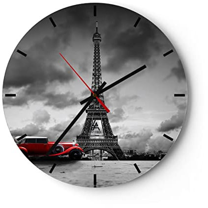 Modern Wanduhr Auto Eiffle Paris Stadt 40x40cm Rund Groß Wand Uhr Glas Analog Zimmeruhren Küche Büro Wohnzimmer Glasuhr Wall Clock Dekoration Design Wanddekoration Küchenuhr C3AR40x40-2828