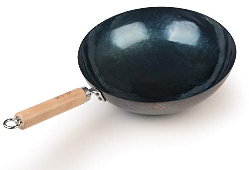 DLT Pow Wok aus Kohlenstoffstahl mit rundem Boden, erfahrene traditionelle Hand gehämmerte Wokpfanne, chinesischer Wok mit Bambusgriff, Eisenwok (größe : 32cm)