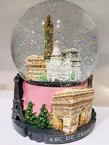 Boule de Neige Tour Eiffel et autres Monuments de Paris - Rose- Grande taille 14CM - Socle en résine de qualité et globe en verre - monuments de Paris gravés en 3D - Neige scintillante - couleur ROSE