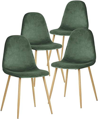GroBKau Lot de 4 chaises de Salle à Manger en Tissu Velours, chaises de Loisirs rembourrées Design rétro avec Pieds en métal Tran-Sprint en Bois (Vert foncé)