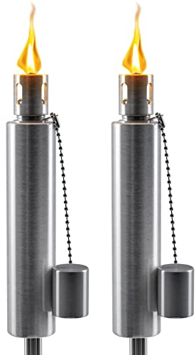 Matney Edelstahl Tiki Fackeln - 1,5m Outdoor Ölfackel Lampe für Citronella - Garten Rasen Hinterhof Party - Inklusive Fiberglas Docht und Löschkappe - 2er Set (Silberfackel Set - Zylinder)