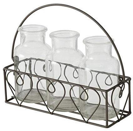 CasaJame Glas Vasen in Metallständer, Herzdesign, dekorative Glasvasen, 22x7x14 cm, Vintage Vasen Set, bunt, vielseitig einsetzbar, Wohnaccessoire, Geschenkidee