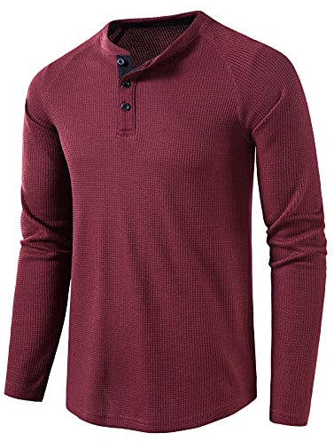 Mens Henley Shirt Long Sleeve Button Collarless Henley Tops Casual Smart Slim Fit Solid Color Waffle Grandad Shirts 3 Buttons Grandad Collar Classic Lightweight Basic Top Plain WineRed M