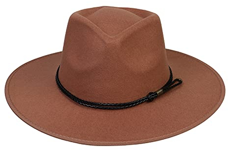 JK Home Fedora-Hut mit breiter Krempe, Wollfilz, Panama-Kappe, Einheitsgröße, Unisex, Damen, Herren, schwarzes geflochtenes Lederband, Braunes geflochtenes Leder, Einheitsgröße
