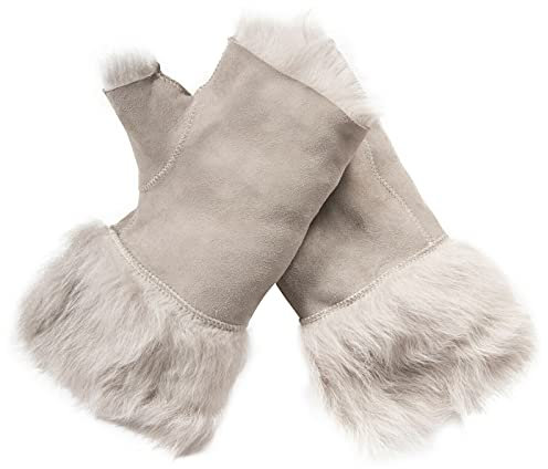 Infinity Leather Damen Handschuhe Winter Warm Hellgrau Shearling Toskana Schaffell Wildleder Fingerloses Design