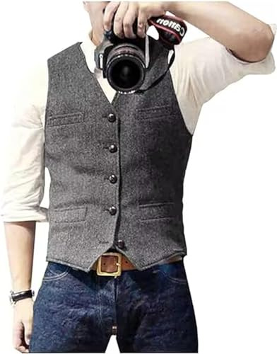 Solovedress Mens Vintage Waistcoat Tweed Wool Regular Fit Suit Vest for Wedding Groomsmen(Silver Grey,L)