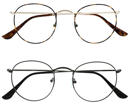 OPULIZE Sol - Blue Light Blocking Glasses 2 Pack Round Metal Retro Improve Sleep Reduce Headache Computer Glasses Gaming Anti-Reflective Brown Matt Gunmetal Mens Womens B94-27