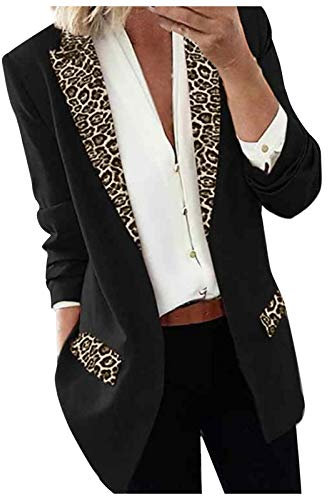 L9WEI Élégant Blazer Femme Longue Motif Léopard - Veste de Bureau Col Revers, Épissage Costume Business, Noir, XXL