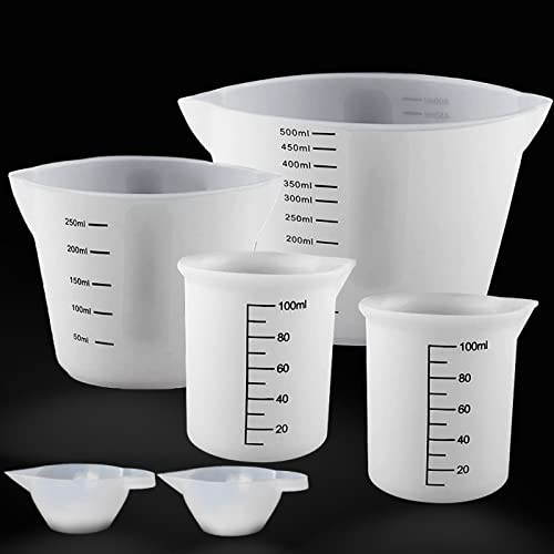 XIMUHO Juego de 6 vasos medidores de silicona, vasos medidores de silicona, 500 ml/250 ml/100 ml/15 ml, de resina epoxi con escala transparente, vaso medidor de silicona, juego para resina epoxi,