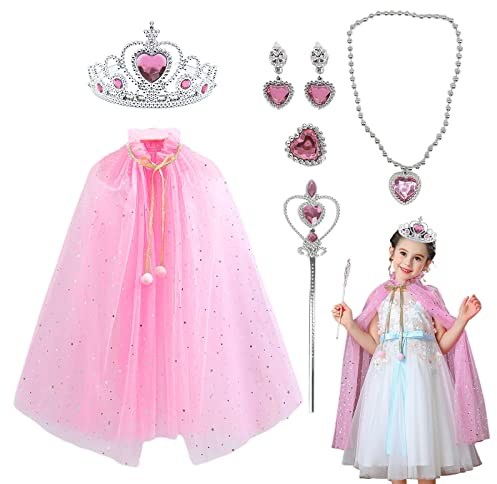TSHAOUN Kinder Prinzessin Umhang - 6-Teiliges Mädchen Kostüm Zubehör Mit Krone, Zauberstab, Halskette, Ring, Ohrring, Mantel für Partys, Rollenspiele, Halloween, Karneval (Pink)