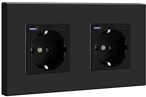 BSEED Enchufe de Pared Con USB y Tipo C, Negro 16Amp Schuko Doble en Panel de Plástico, Toma de Corriente Con Cargador USB-Max.2.1A, 20W Cargador Tipo C Para Smartphone MP3 Tablet