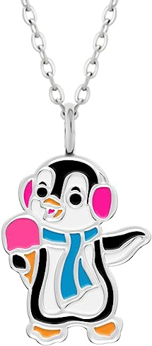 LOVE YOUR CITY Kette, Kettchen mit Anhänger kleiner bunter tanzender Pinguin. Schmuck Geschenke für Mädchen, Kinder. Kinderschmuck aus 925 Sterling Silber mit Emaille. verstellbar 42 bis 45cm