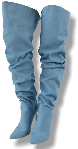 Frankie Hsu Stivali lunghi da donna con tacco alto sopra il ginocchio, stile denim blu, grandi dimensioni US5-14, scarpe alla moda per donne e uomini, Blu, 42.5 EU