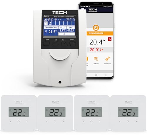 TECH Controllers - Funk Fußbodenheizungssteuerung für 4 Räume - Mit WLAN, App und Web-Interface - Inhalt: 4 Funk Wandthermostate und WiFi Controller. Ideal zur Nachrüstung.