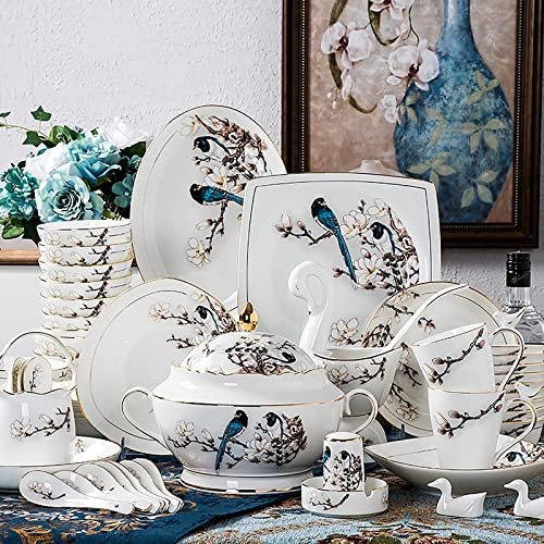 60-teiliges Tafelservice, Porzellan Küche Esszimmer Bone China Serviergeschirr Set mit Müslischalen Dessertteller Suppentopf und Tassen Service für 10 Personen