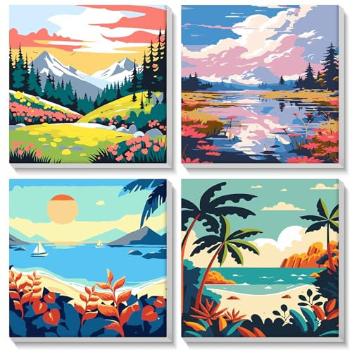NAIMOER Framed Paint by Numbers, 4Pack Scenery Paint by Numbers Canvas for Kids Adults, Kids' Paint by Number Kits, DIY Acrylic Landscape Oil Painting with Wooden Easel (8x8inch)