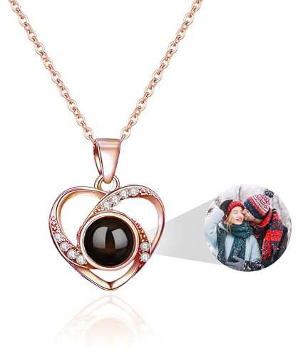 Photo Necklace Personalised Projection Necklace with Picture Inside Custom Heart Jewelry 925 Silver Love Memorial Valentine Birthday Anniversary Pendant Gifts for Women Girlfriend Mom Daughter
