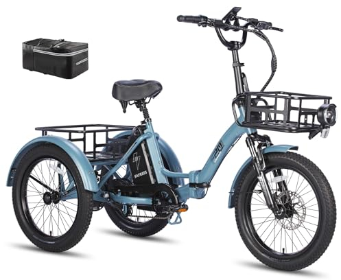 Fafrees E Bike Dreirad 20 Zoll, E Bike 3 Rad Lastenfahrrad 48V 21Ah Akku, Elektro Dreirad für Senioren Klappbar 65N.m 25km/h, F20 Mate (Vorderer Korb + Kleiner hinterer Korb, Blau)
