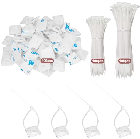 200Pcs Cable Ties White 120/150mm and 100Pcs Zip Tie Self Adhesive Mounts, Fohirey Nylon Cable Tidy Clips Small Tie Wraps Sticky Pads, Plastic Wire Ties Base Holder for Home Office Workshop DIY Garden