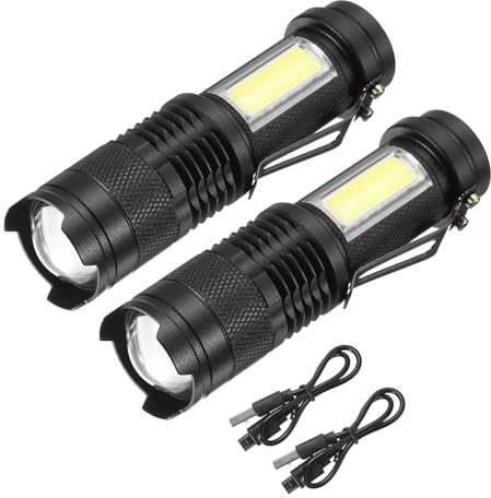 PATIKIL Scalable LED Flashlight, 2 Set LED Zoom Flashlight Aluminum with Side Lantern White Light Torch USB Rechargeable High Lumens Flashlight for Hiking Camp