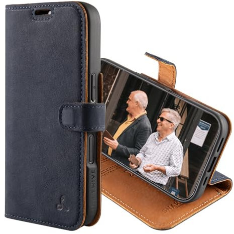 Snakehive Leather Wallet for iPhone 16 - Real Leather Wallet Phone Case with Viewing Stand and Card Holder - Flip Folio Cover with Card Slots (Navy)