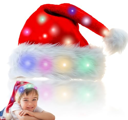 Sporgo LED Weihnachtsmütze: Kinder Nikolausmütze mit Leuchtendem, Plüsch Rote Santa Mütze Nikolaus Dicker Fellrand Weihnachtsmützen für Weihnachten Neujahr Partys Neujahrsgeschenk