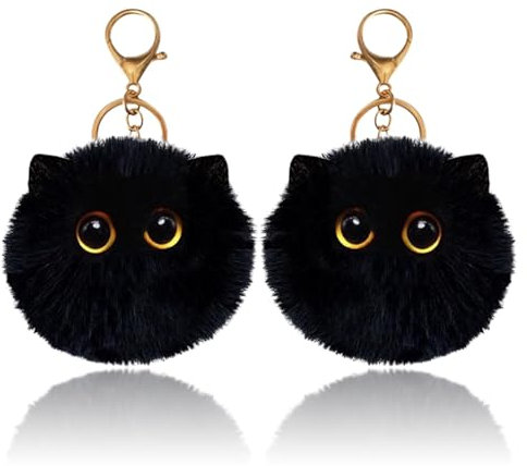 Vanpoo Porte-clés d'Halloween à pompons – Accessoires de sac à dos en peluche moelleuse pour filles et femmes – Porte-clés pour clés de voiture (noir), Noir , S