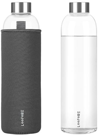 LOOFORE Glasflasche 1 liter / 1l, Wasserflasche Glas 1000ml 750ml inkl. Neoprenhülle, BPA freie, Trinkflasche Spülmaschinenfeste, Water Bottle für kohlensäurehaltige Getränke