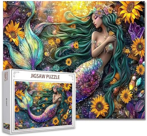 Meerjungfrau mit glitzernden Fischschwanz Jigsaw Puzzle 1000 Teile Puzzles für Erwachsene Meerjungfrau Blumen Kristalle Jigsaw Puzzles für anspruchsvolle Familie Aktivität Spiele Puzzle für Home Decor