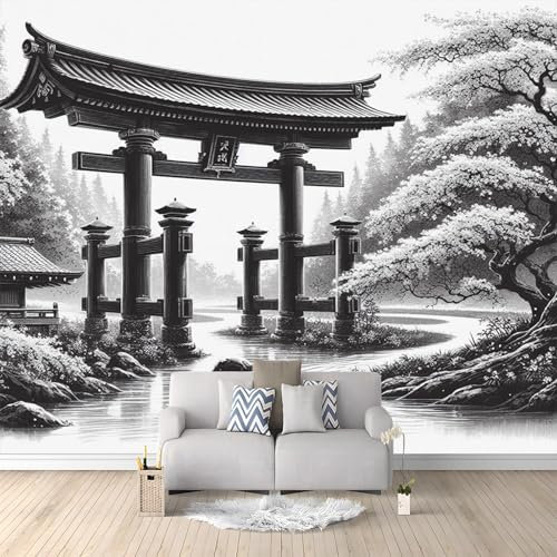 Architektur Im Japanischen Stil Tapete Wandbild 3D Fototapete Tintenstil Schwarz Und Weiß Vliestapete Wandtapete Foto für Modernes Design der Fernseh Hintergrund Wand-Kunst-Deko, 400x280 cm