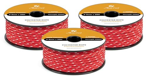 Abma Cord Polyesterseil 3mm x 20m Seil Geflochtene Schnur Reißfest für Outdoor, Boot, Festmacher, Zelt, Garten - Rot/Weiß