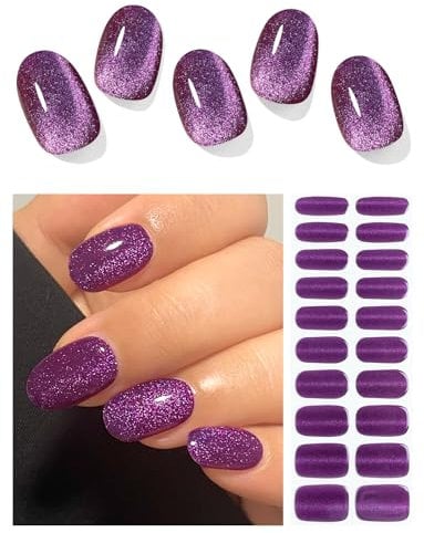 AutyaMee Semi Cured Gel Nail Strips (Purple Cat-Eye), 20 Pcs Gel Nail Wraps, Stickers, UV Light Required, Salon Quality, Long Lasting