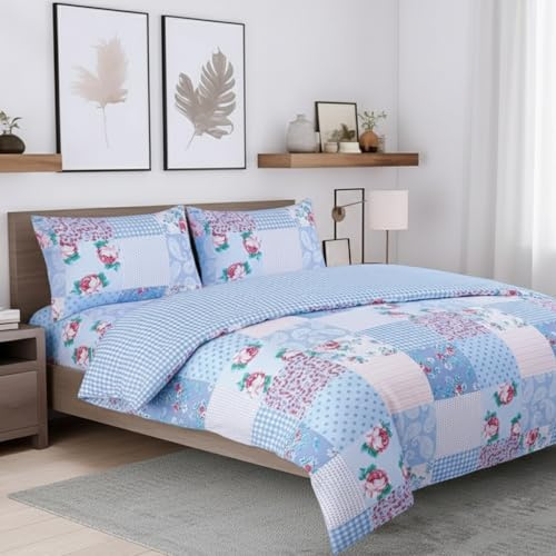 ZIYA HOMES Super King Duvet Cover Set Polycotton 3 Piece - Printed Reversible Bedding, Soft Easy Care Quilt Cover with Pillowcases (Patchwork Blue, 260x220 cm)
