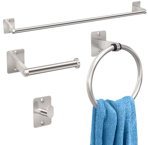Toilet Roll Holder and Towel Rail Set, Gypie 4 Pieces Brushed Nickel Bathroom Accessories Set, Metal Bathroom Hardware Set Includes 24″ Towel Rail, Toilet Roll Holder, Towel Ring, and Wall Hook
