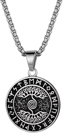 JewelryWe Schmuck Herren Halskette, Edelstahl Retro Lebensbaum Baum des Lebens Runden Anhänger mit 55cm Link Kette, Gold/Silber