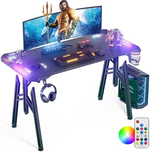 FIVMEN Escritorio LED para videojuegos, 160 x 60 cm, mesa de ordenador con soporte para bebidas y gancho para auriculares, mesa de ordenador, mesa de gaming, mesa de juegos con revestimiento de fibra