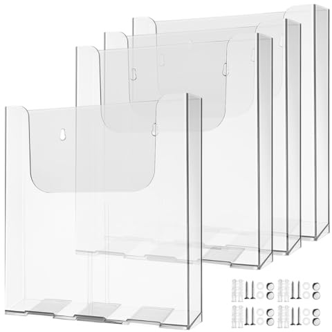 Cabilock Prospekthalter, A4, Wandmontage, Dokumentenhalter, Wandhalterung, Acryl, Prospekthalter, transparent, A4-Dateiständer, Zeitschriften, Menü-Organizer für Büro, Zuhause, Schule, 4 Stück