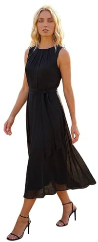 Roman Animal Print Pleated Chiffon Dress for Women UK Ladies Spring Everyday Summer Holiday Round Neckline Comfy Sleeveless Soft Fit & Flare Frock Midi Length Gowns Black
