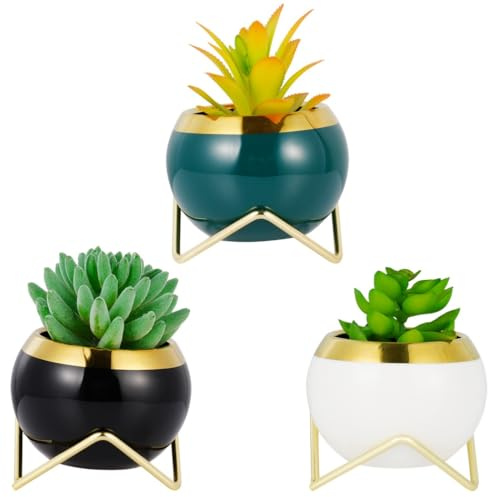 3 Pcs Air Plant Holders with Ceramic Pots & Metal Stand, Decorative Mini for Cacti, Succulents & Small Plants