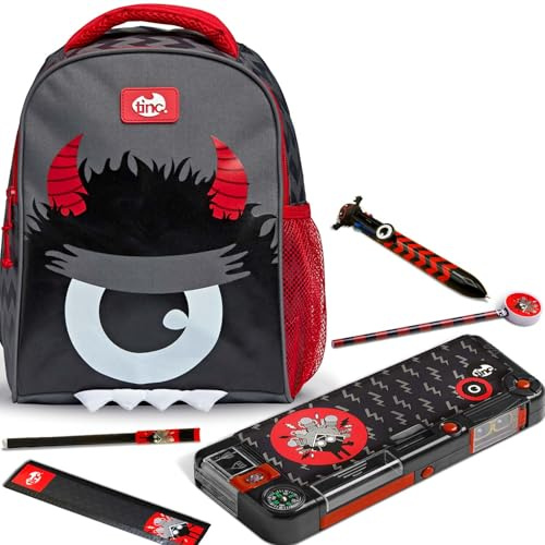Tinc Kids Backpack School Bag + Compartment Pencil Case + Multicolour Ballpoint Pen | Adjustable Straps + Bottle Holder | for School, Home, Boys & Girls | Kronk, Black & Red