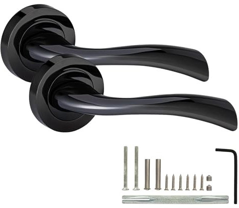 XFORT Solace Lever on Rose Door Handles, Internal Door Handle Sets for Interior Wooden Doors, Lever Latch Door Handle, Interior Door Handles for Home & Office – Polished Black Nickel