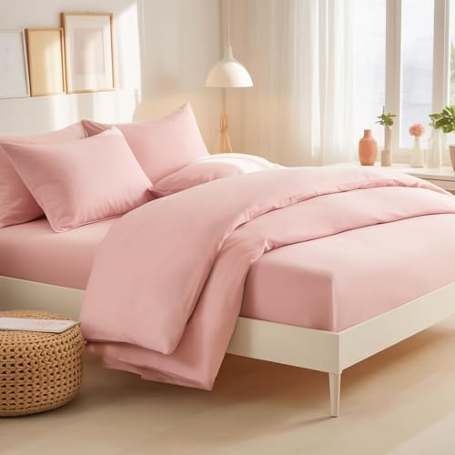 RUIKASI Super King Duvet Set 4 Piece Rose Pink - Superking Bedding Sets Microfiber Duvet Cover with Fitted Sheet and Pillow Cases