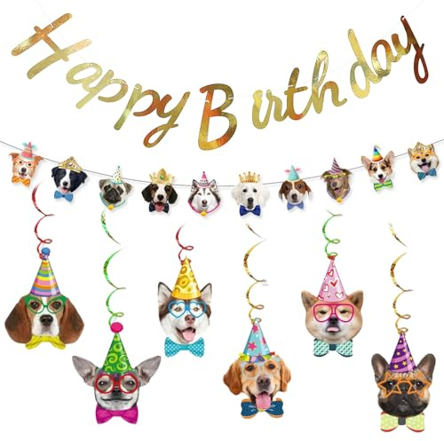 Werownsgso 3 Stück Hundegeburtstag Deko Hundthema Geburtstagsparty Dekorationen Hund Happy Birthday Banner Hundespiralen Hänge-Ausschnitte Deko Hundeparty Girlande für Haustier Thema