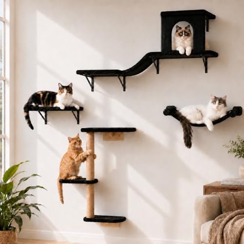 Estantes de pared para gatos, juego de muebles de pared para gatos 4 en 1, juego estable de estructura para trepar para gatos montado en la pared para interior, árbol para gatos con poste para rascar