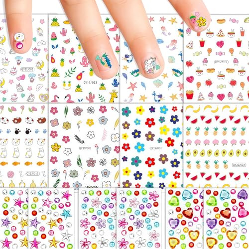 Zosutetoxo 8 Pieces Stickers, nail stickers for children, cute nail stickers and mini face gems for girls, unicorn, flowers and animal nail designs for birthdays and parties